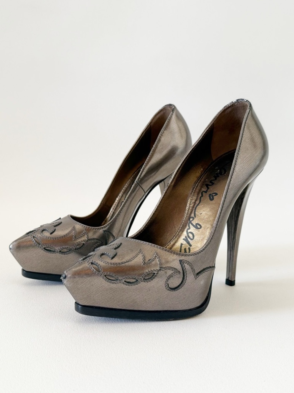 Lanvin Shoes Metallic Pewter Platform Stiletto Pumps Pointed Western Silver 7